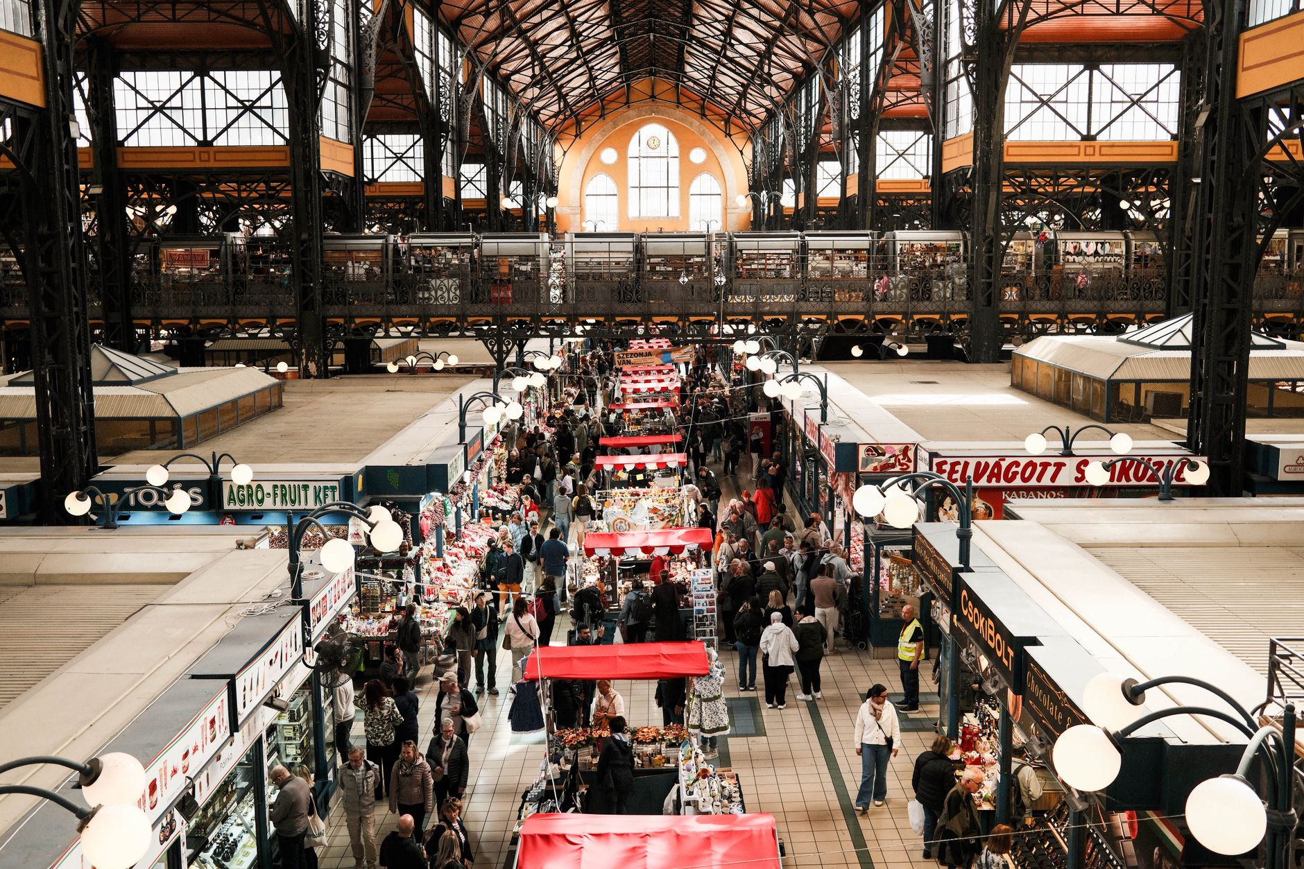 Fresh produce stalls in a Budapest market hall